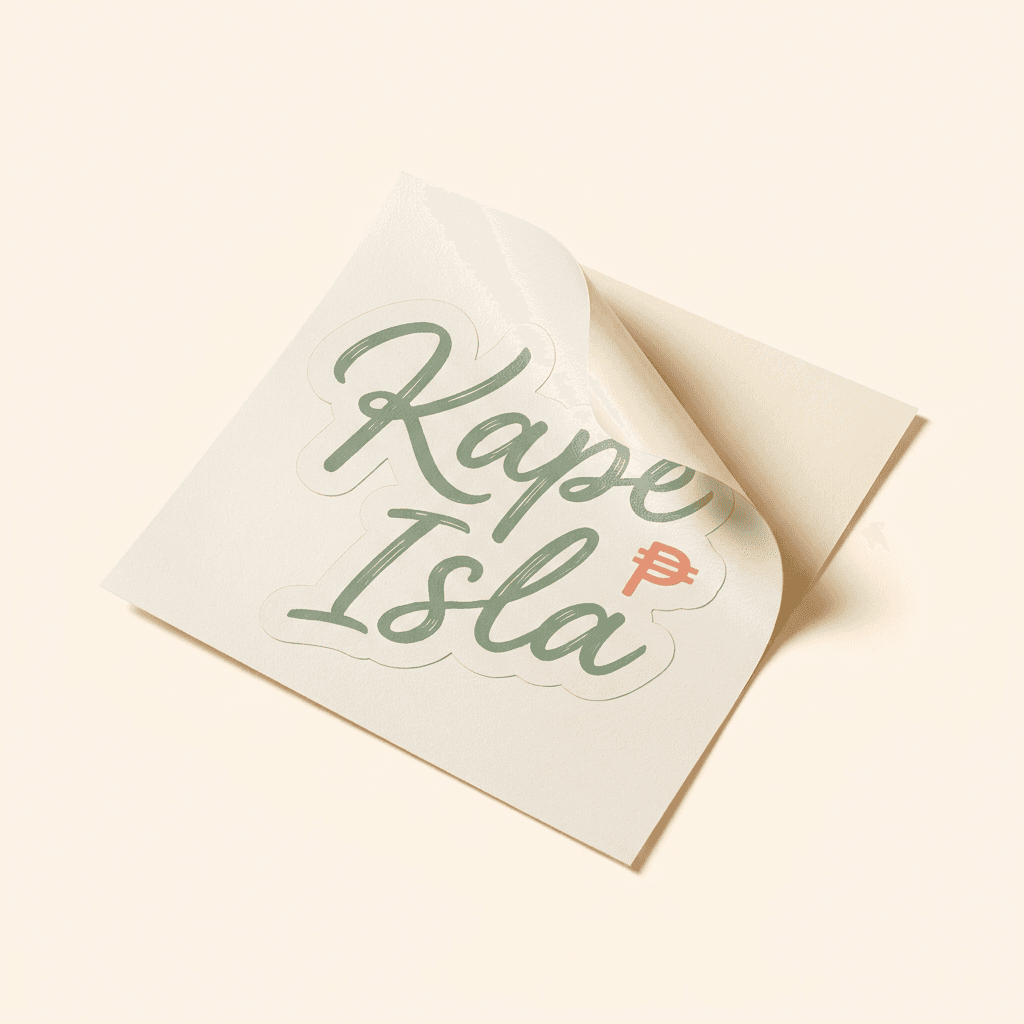 Hand-lettered coffee brand sticker, mid-peel from its backing
