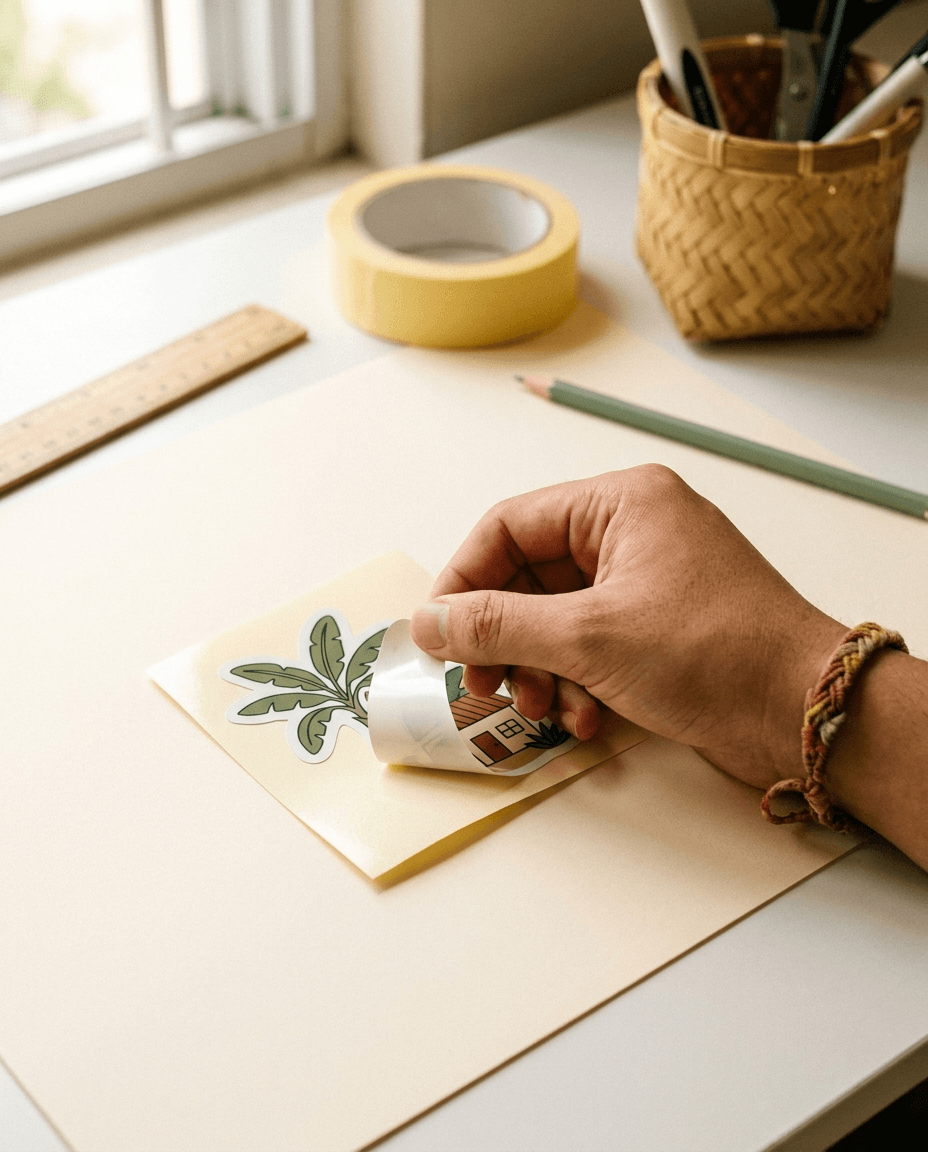 A hand peeling a freshly printed die-cut vinyl sticker off its backing paper, on a warm cream desk.